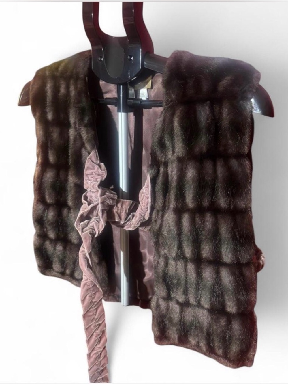 Y2K Style Faux Fur Vest Brown Pink Satin Tie Front Cropped Boho Italy